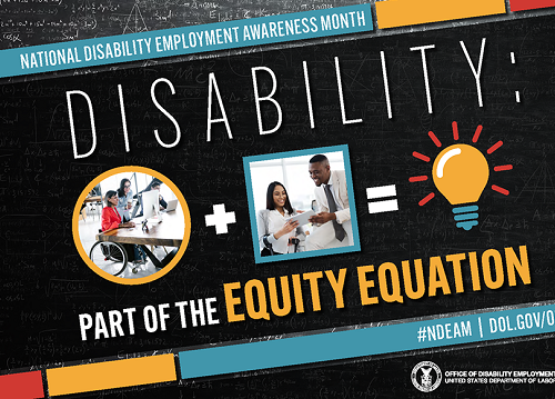 National Disability Employment Awareness month poster, which includes woman in wheelchair looking at computer screen