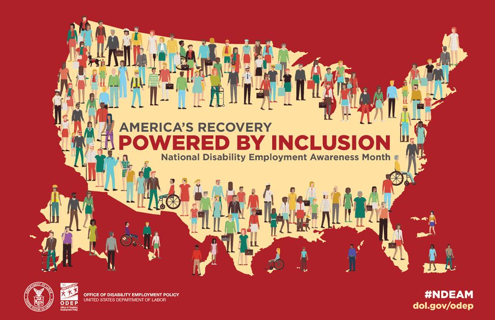 National Disability Employment Awareness month poster, which includes people standing around the outline of the united states