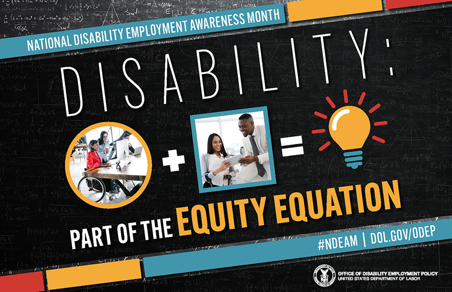 National Disability Employment Awareness month poster, which includes woman in wheelchair looking at computer screen