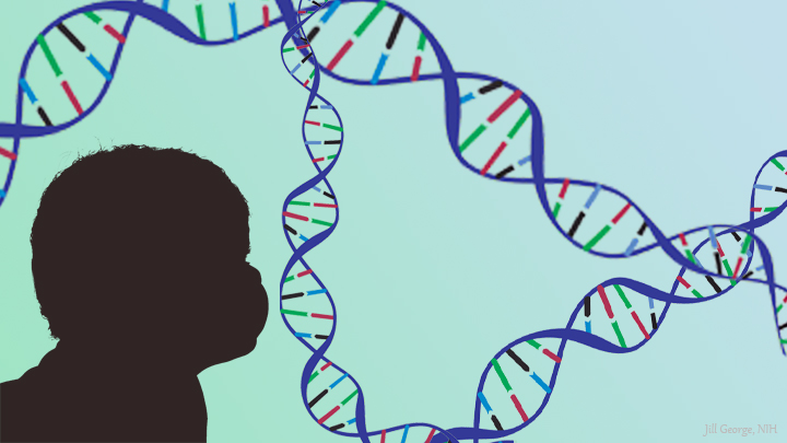 Artistic rendition of a baby’s silhouette looking towards strands of DNA