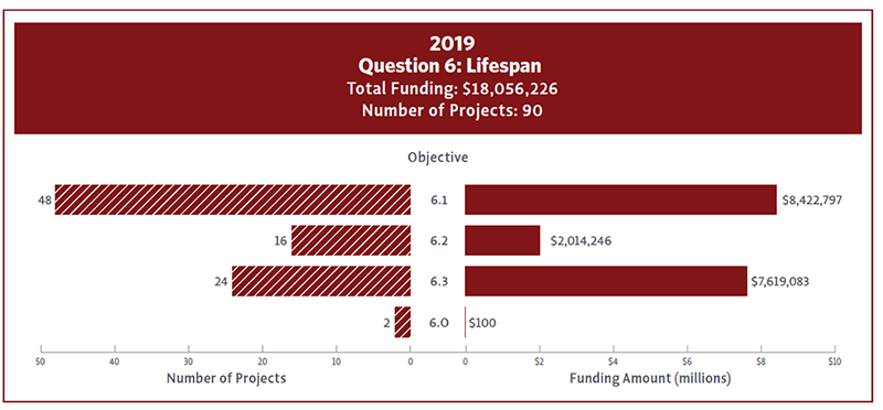 Bar chart showing 2019 funding and number of projects for Question 6 Objectives