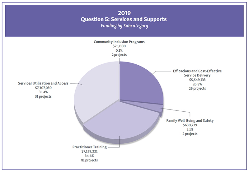 Pie chart showing 2019 Question 5 funding by Subcategory.