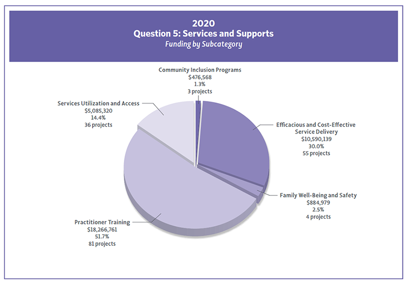 Piechart showing 2020 Question 5 funding by Subcategory.