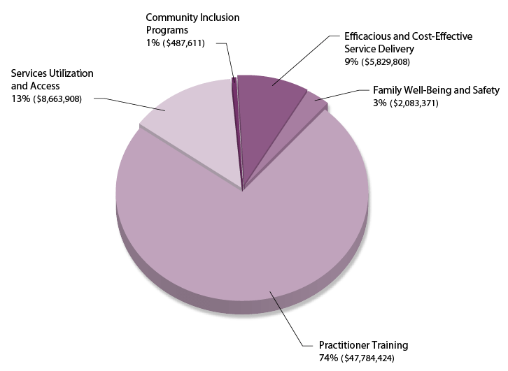 Figure 9. The Practitioner training subcategory in Question 5 dwarfed the other four categories, accounting for 74% of the funding for this question. Services utilization and access followed with 13% of the funding, and Efficacious and cost-effective service delivery accounted for 9%. Only 3% of funding was designated for projects related to Family well-being and safety, and even less (1%) for Community inclusion programs.