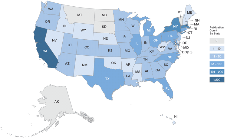 Figure 25. State by State Number of US Autism Publications in 2010. Increasingly darker shades of blue indicate increasing volumes of State-level autism publications. California, Massachusetts, and New York are the states publishing the largest volume of autism research articles. States in gray were not linked to any autism-relevant publications in 2010.