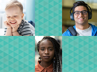 Individual pictures of three people, a baby and two young adults, smiling