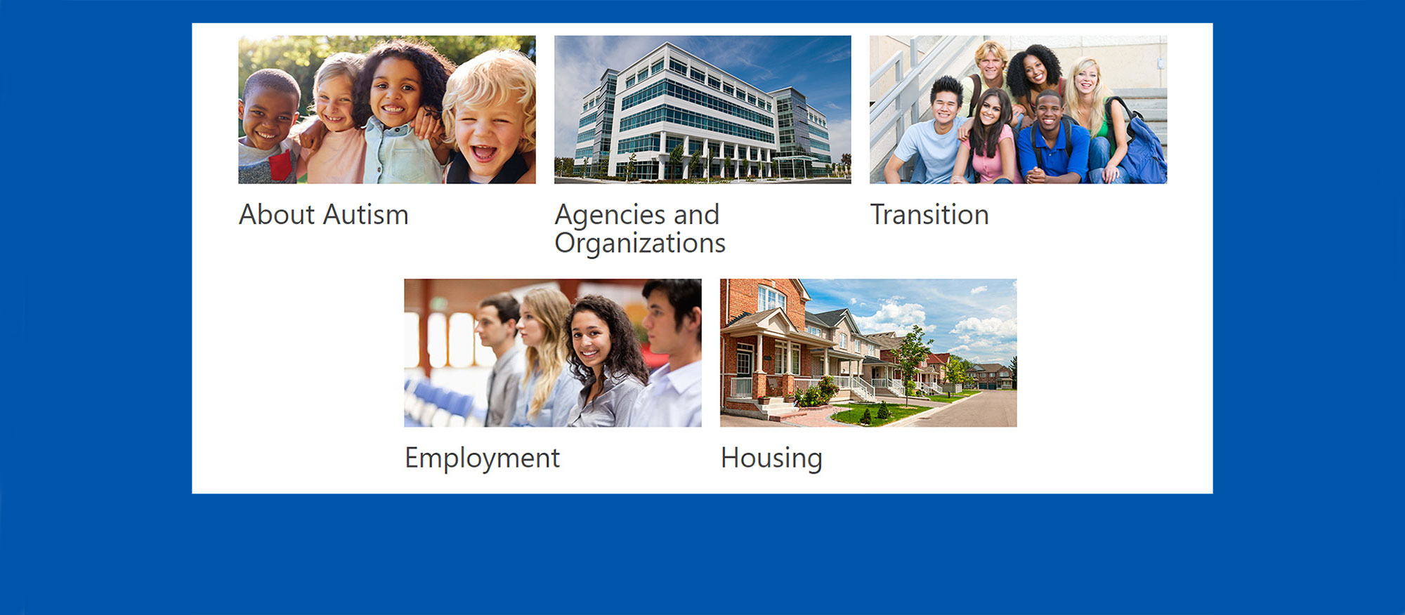 Collage of pictures, including kids hugging, a building, young adults sitting, young adults waiting to be interviewed, and a row of houses